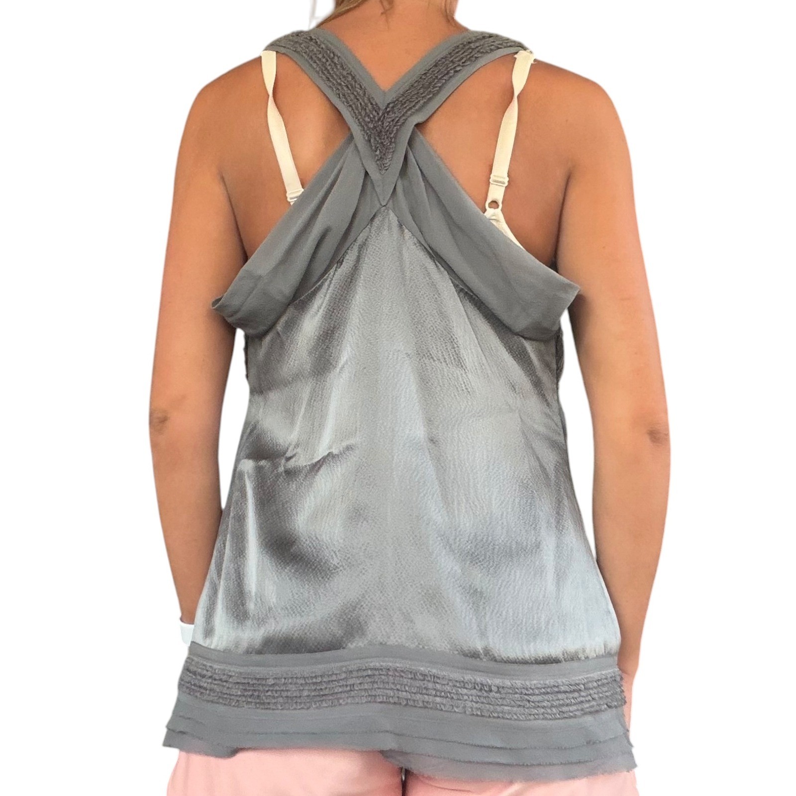 Juicy Couture Women 6 Gray 100% Silk Smocked Strap Criss Cross Back Tank Top Y2K