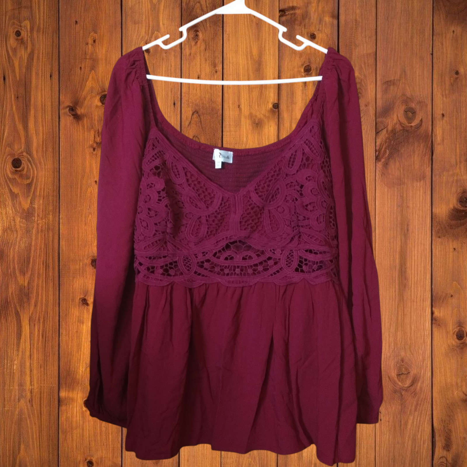 Perfectly Priscilla Women’s 3X Burgundy Lace Crochet Smocked Peplum Boho Blouse