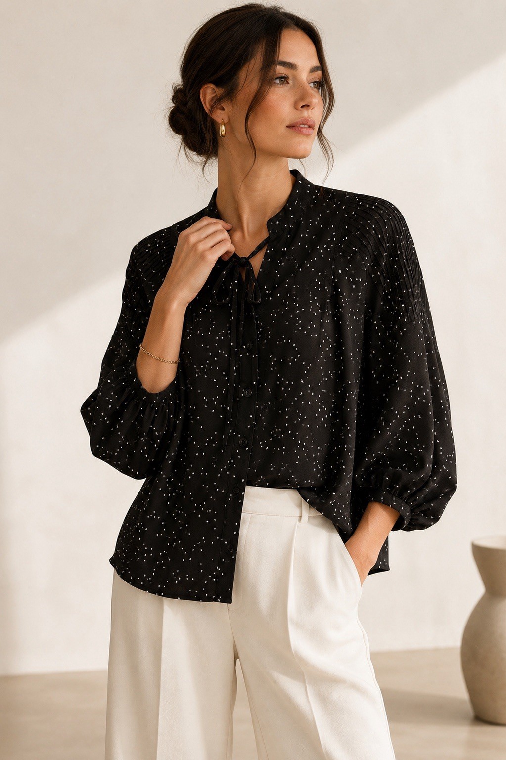 Yves Salomon Paris Tie Neck Blouse Black Micro Dot French Designer Top FR34 XS