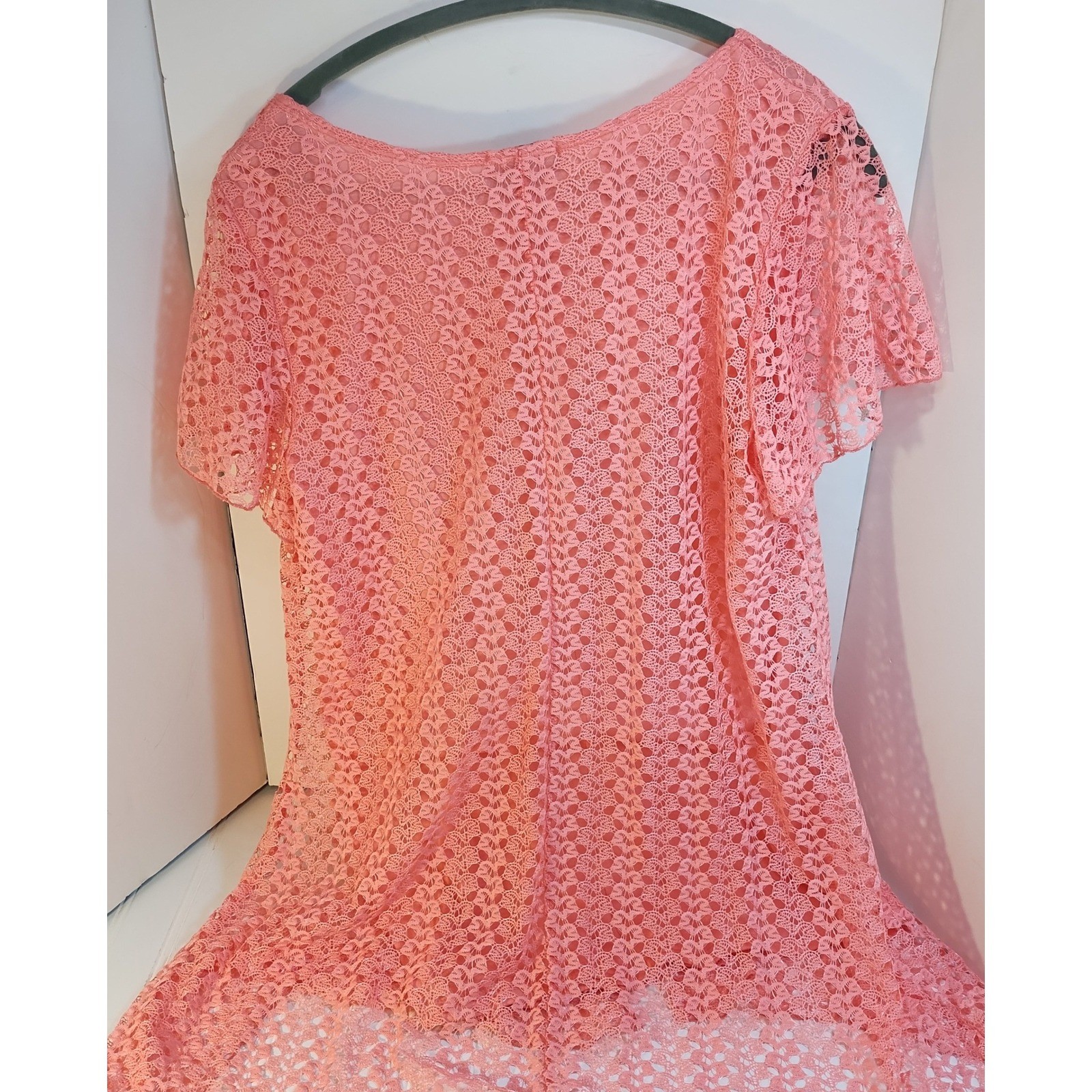 VTG Cal Style USA Pink Lace O-Ring Short Sleeve Top LG Crochet Romantic BOHO