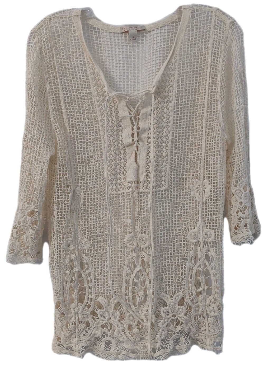 CB Crochet Shirt Beige Size Medium Open Knit Front Tie Lightweight Beach Boho