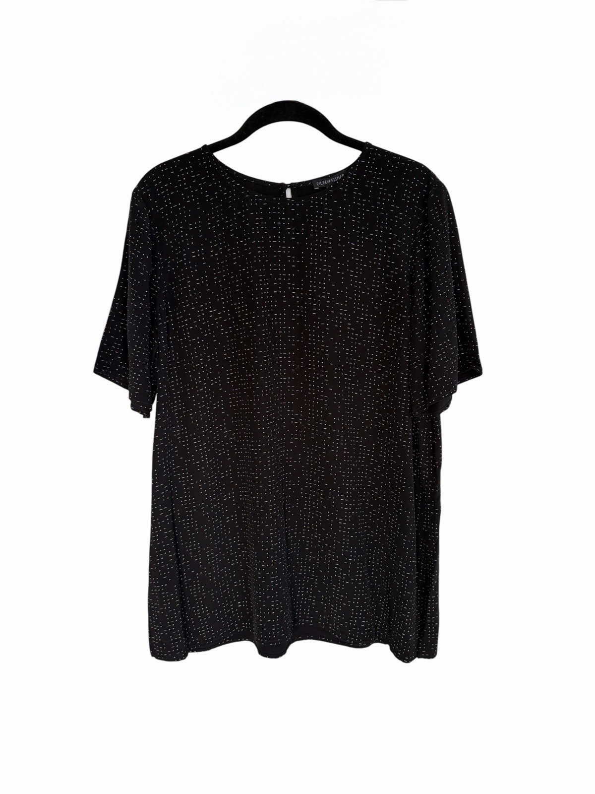 Eileen Fisher Womens Size 12 Black Morse Code Print Round Neck Short Sleeve Top