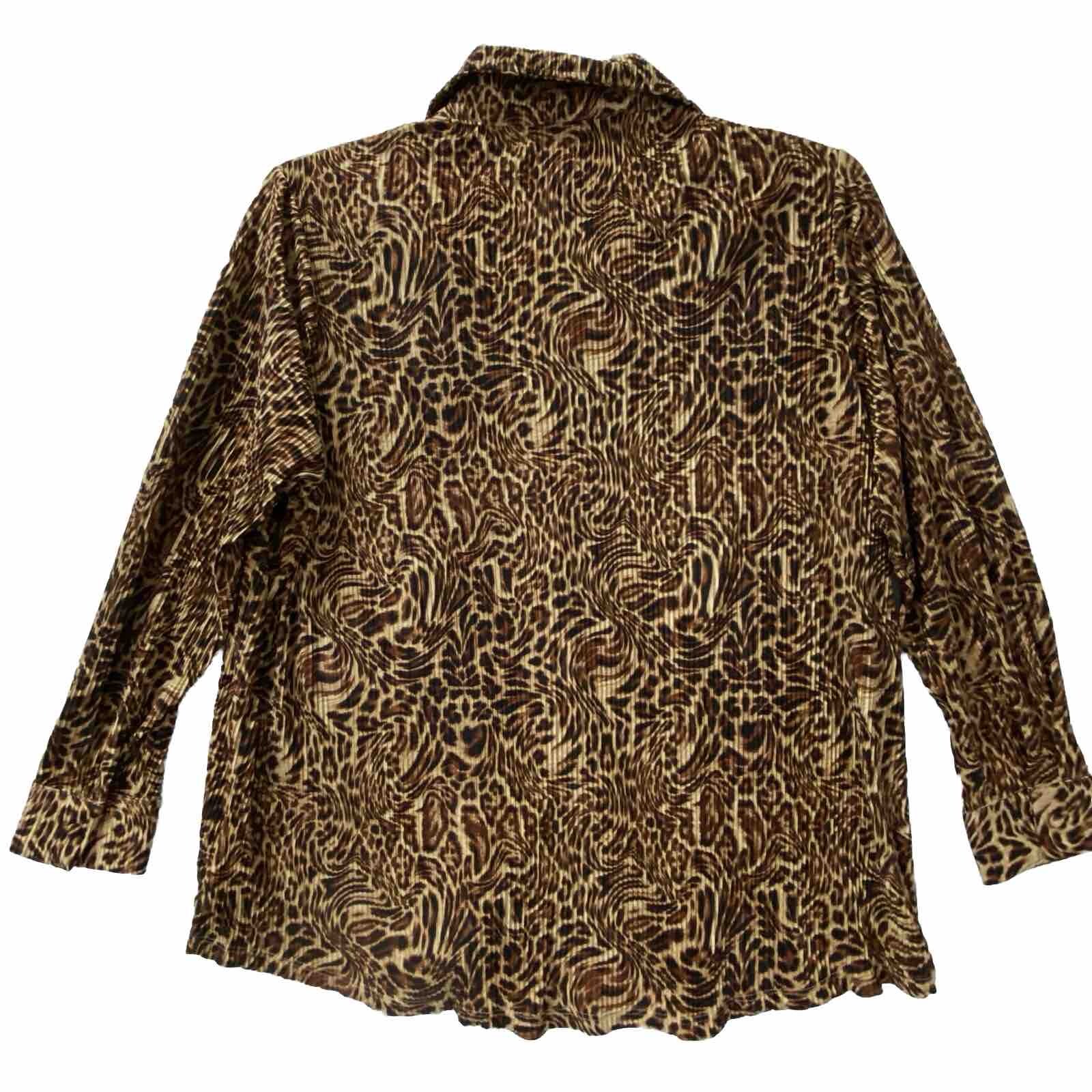 Inner Circle Leopard Print Top Woman’s 1x, 3x Button Up Accordion Pleated Brown