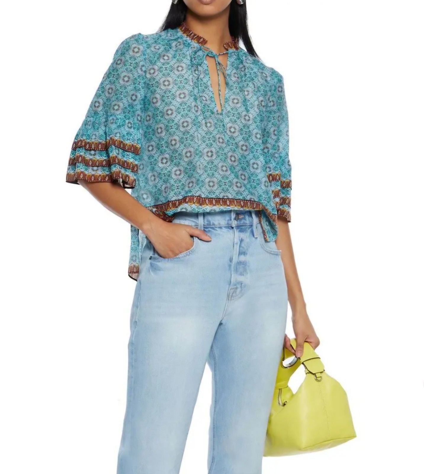 Alice + Olivia Julius XL Blouse Teal Cotton Silk Blend Tie Neck Boho Peasant