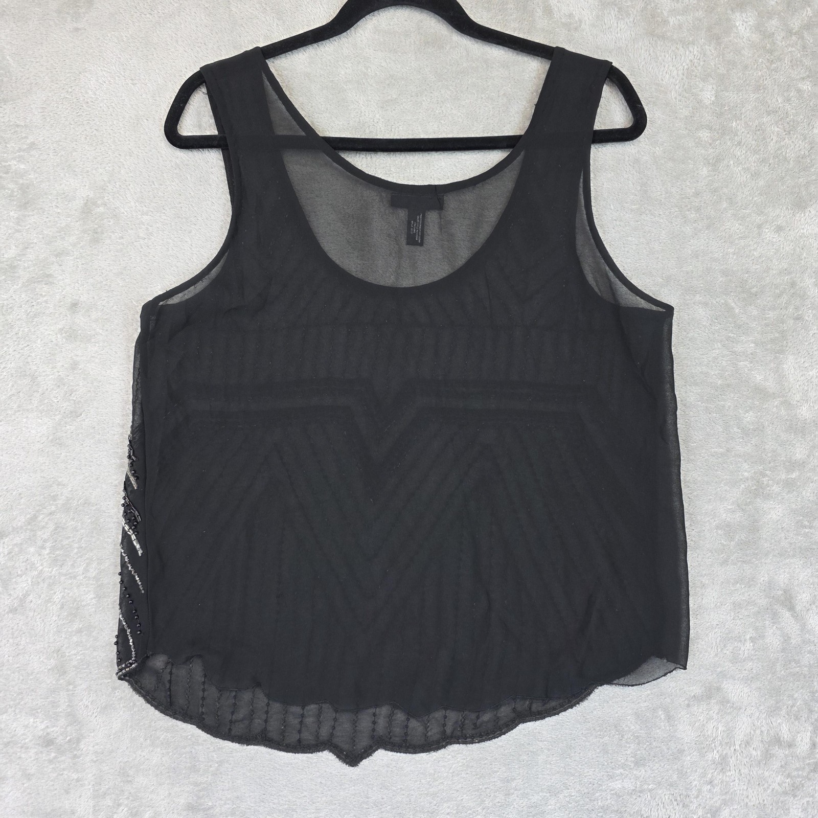 Aqua Tank Top Womens Large Black Beaded Geometric Sheer Chiffon Party Cami