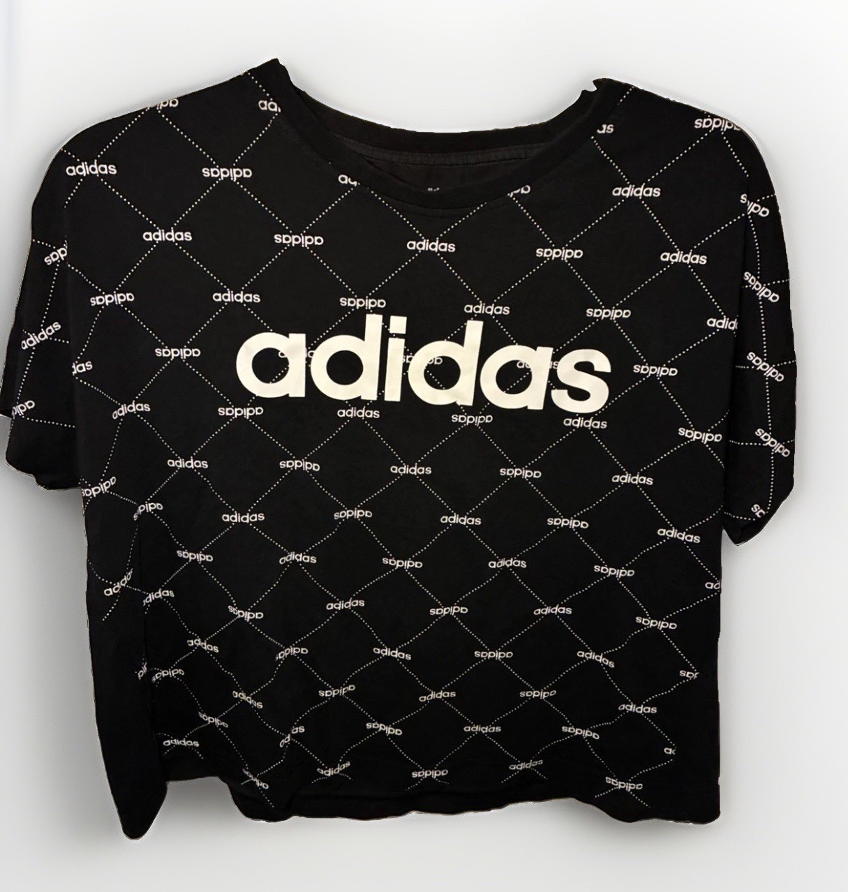 Adidas Black T-Shirt Cotton Cropped Top Size Medium White Adidas Print