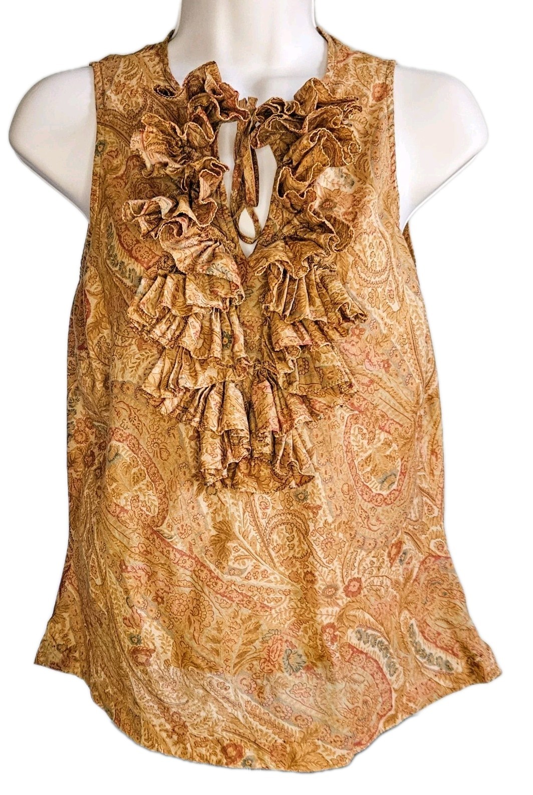 Lauren Ralph Floral Embossed Cotton Ruffle V-Neck Sleeveless Tank Top Size 4