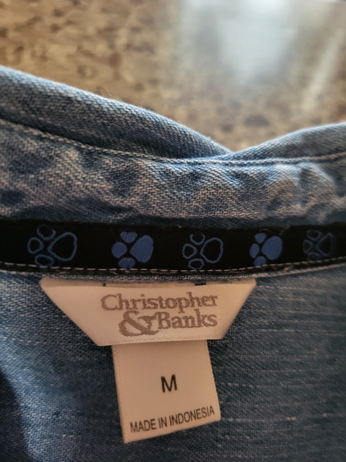 Vintage Christopher Banks Abstract Cats Womens Med Yarn Denim Shirt Embroidered