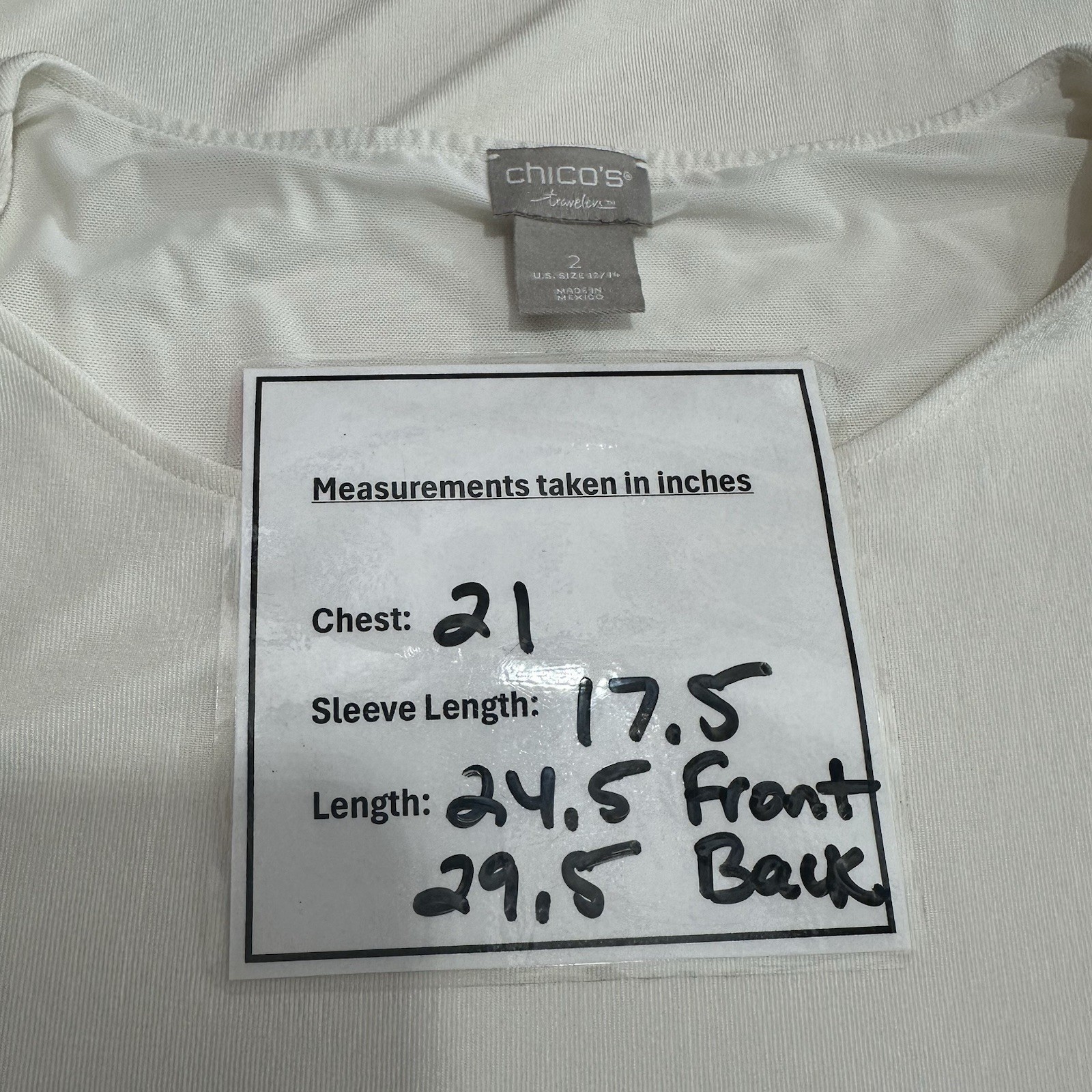 Chico’s Travelers Cream Tunic Shark Bite 3/4 Tie Sleeve Scoop Neck Womens 2 US L