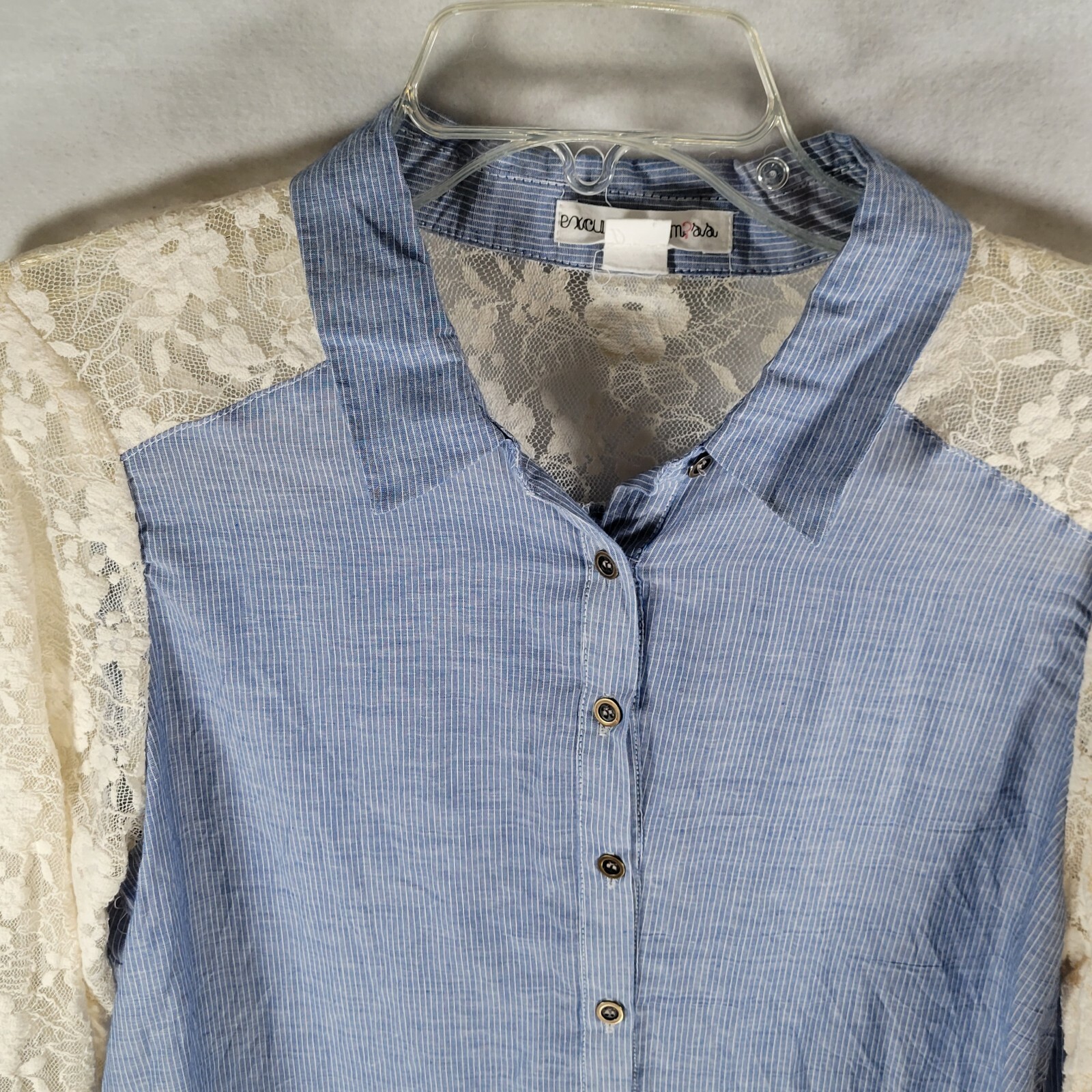 Excuse Me M?ss Womens Button Up Collared Shirt Size Large L Long Lace Sleeve