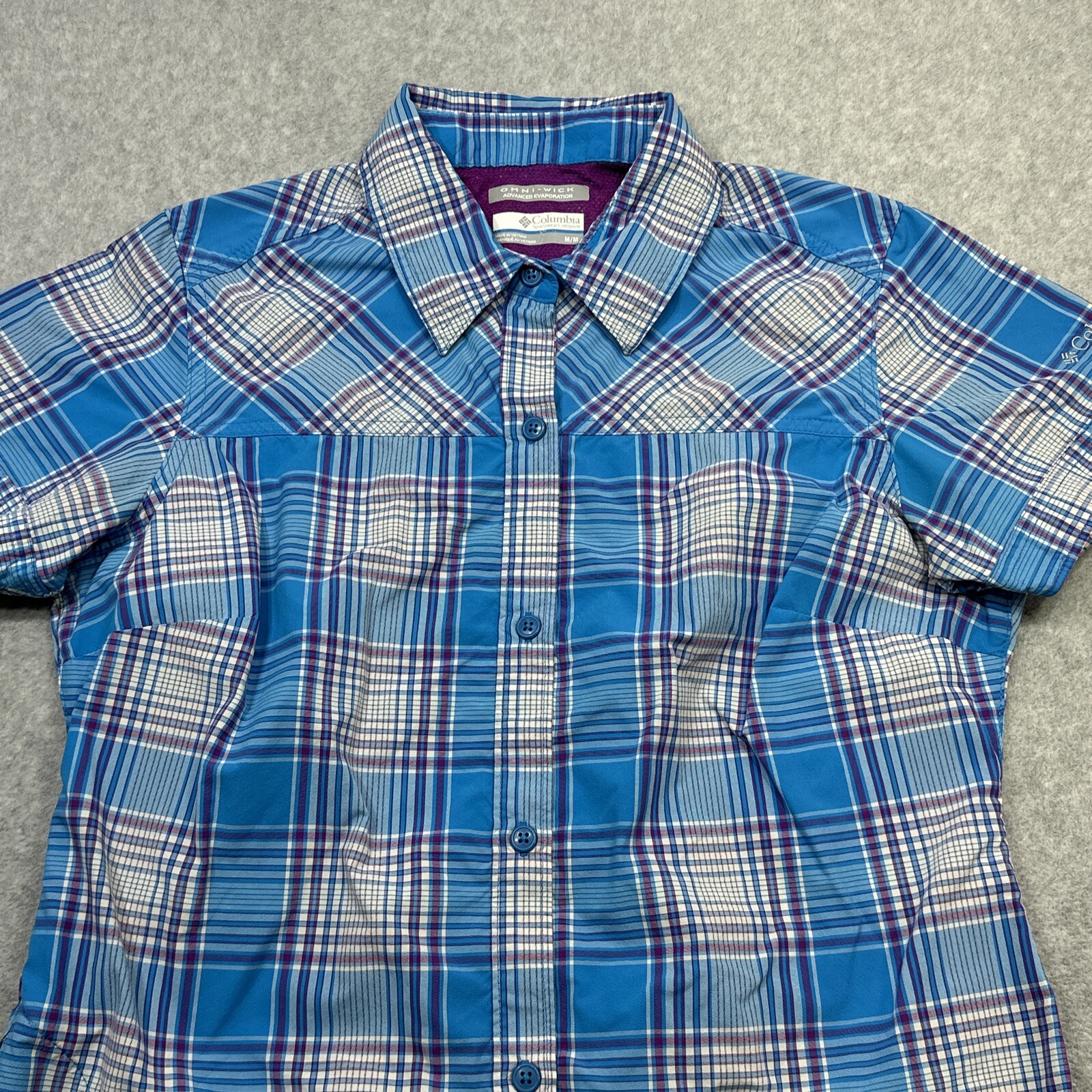Columbia Top Medium Blue Plaid Outdoor Fish Utility Hiking Omni Wick Kick Fix