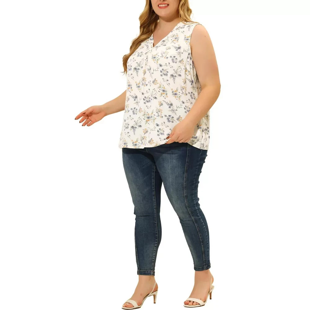 Women’s 2X Plus Size Floral V Neck Sleeveless Casual Tank Tops – Agnes Orinda
