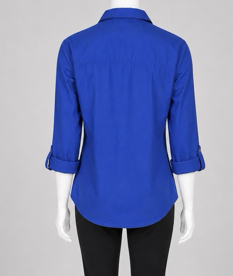 Cathy Blouse Top Womens Medium Blue Zip Front Collared Roll Tab Sleeve Pocket