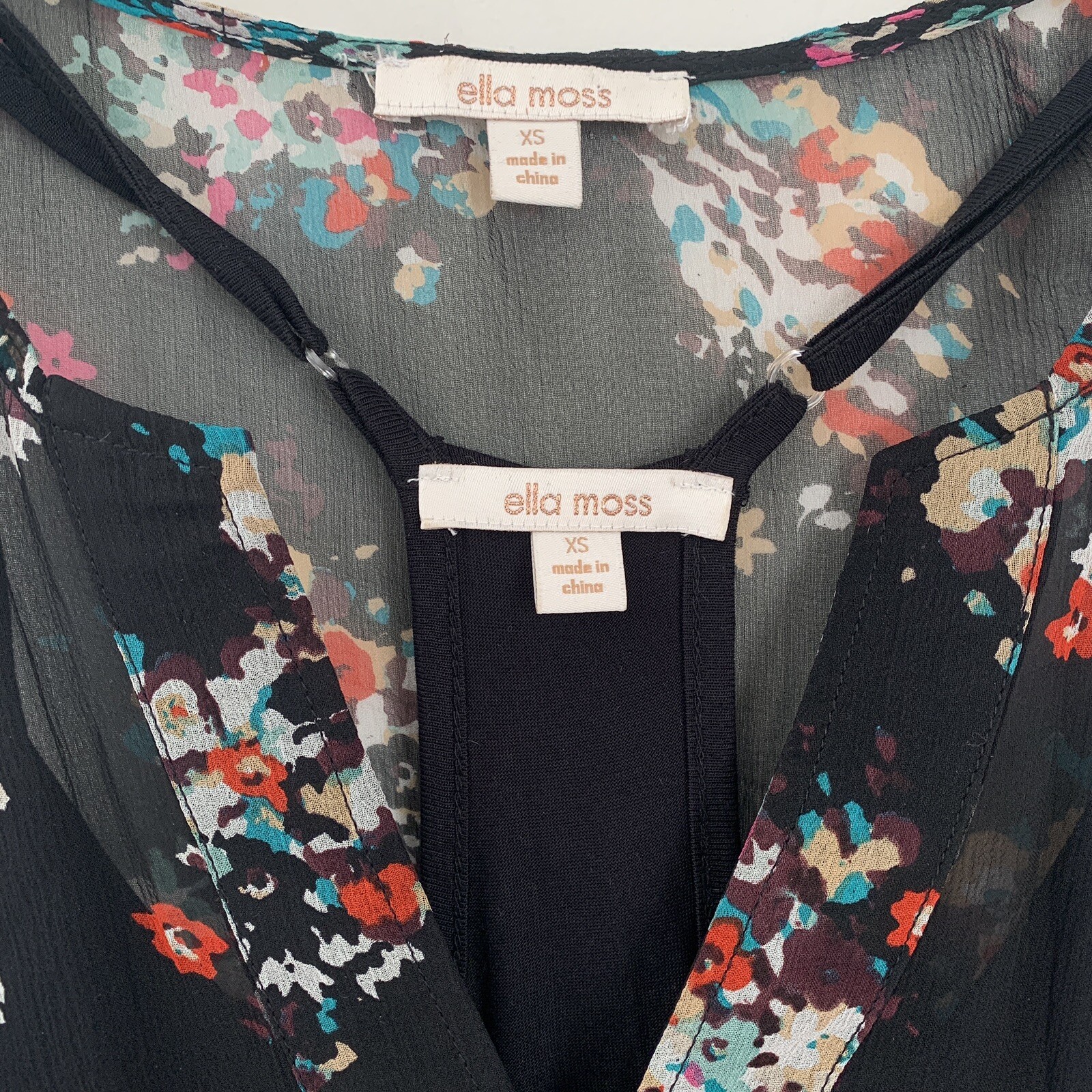 Anthropologie Ella Moss XS Silk Blouse Tank Top Black Floral Sheer Sleeveless