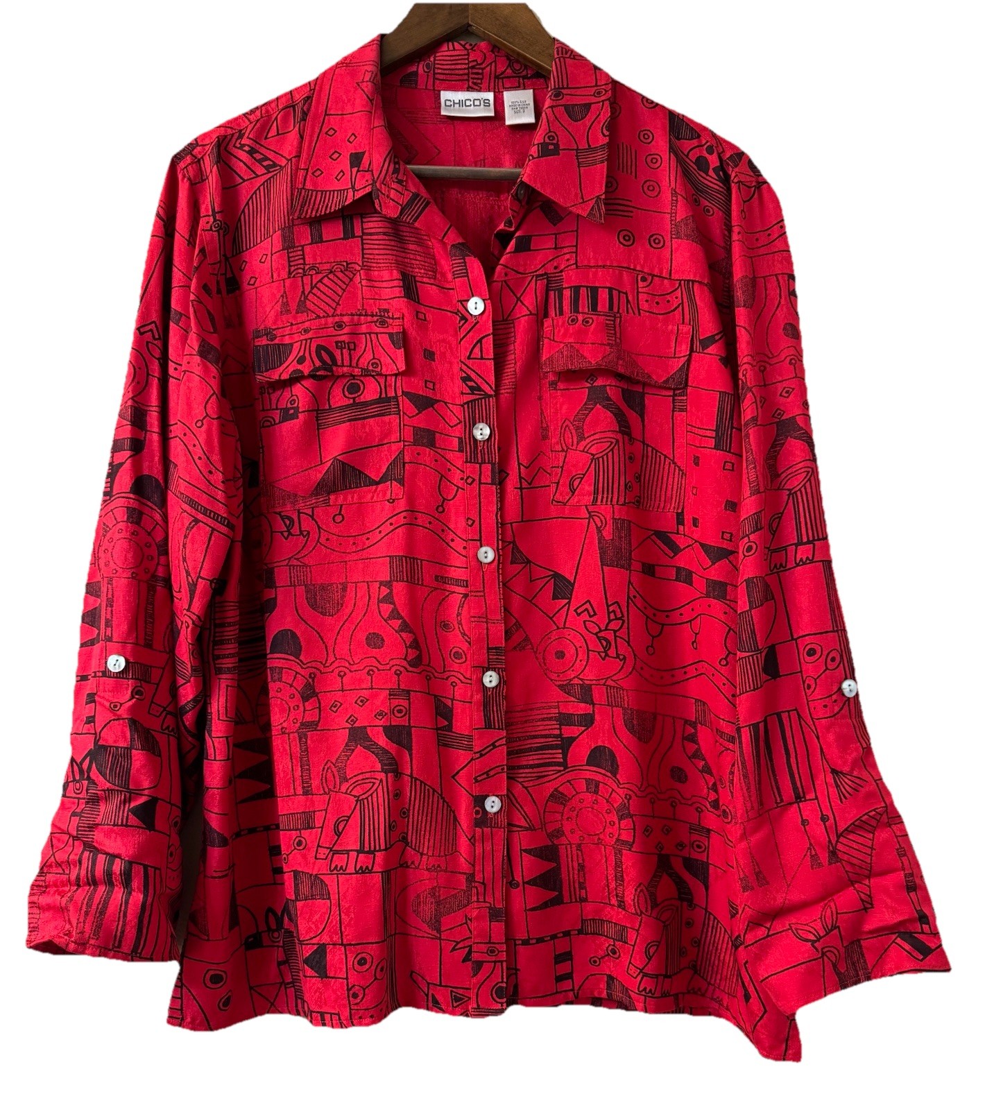 Chicos Tunic Top Size 2 Large 100% Silk Red & Black Art To Wear Geometric