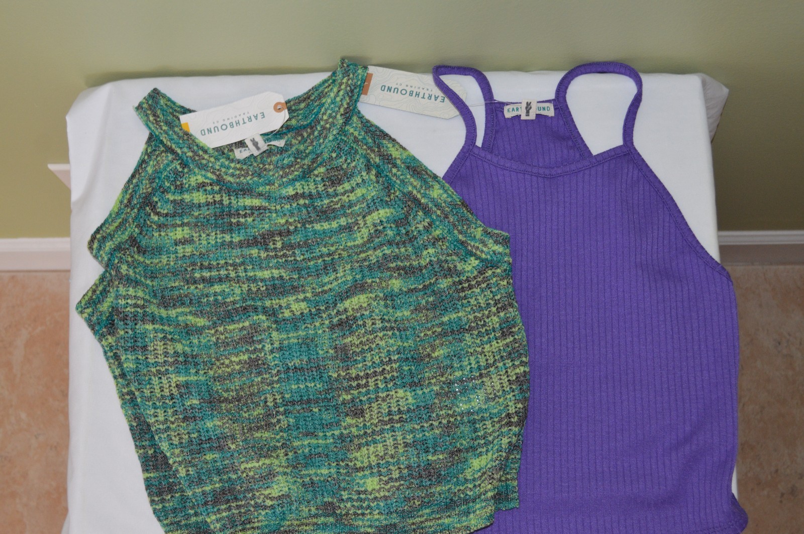 Earthbound High Neck Tank Top Set of 2 Purple Rib Knit Green Space-dye Large NWT