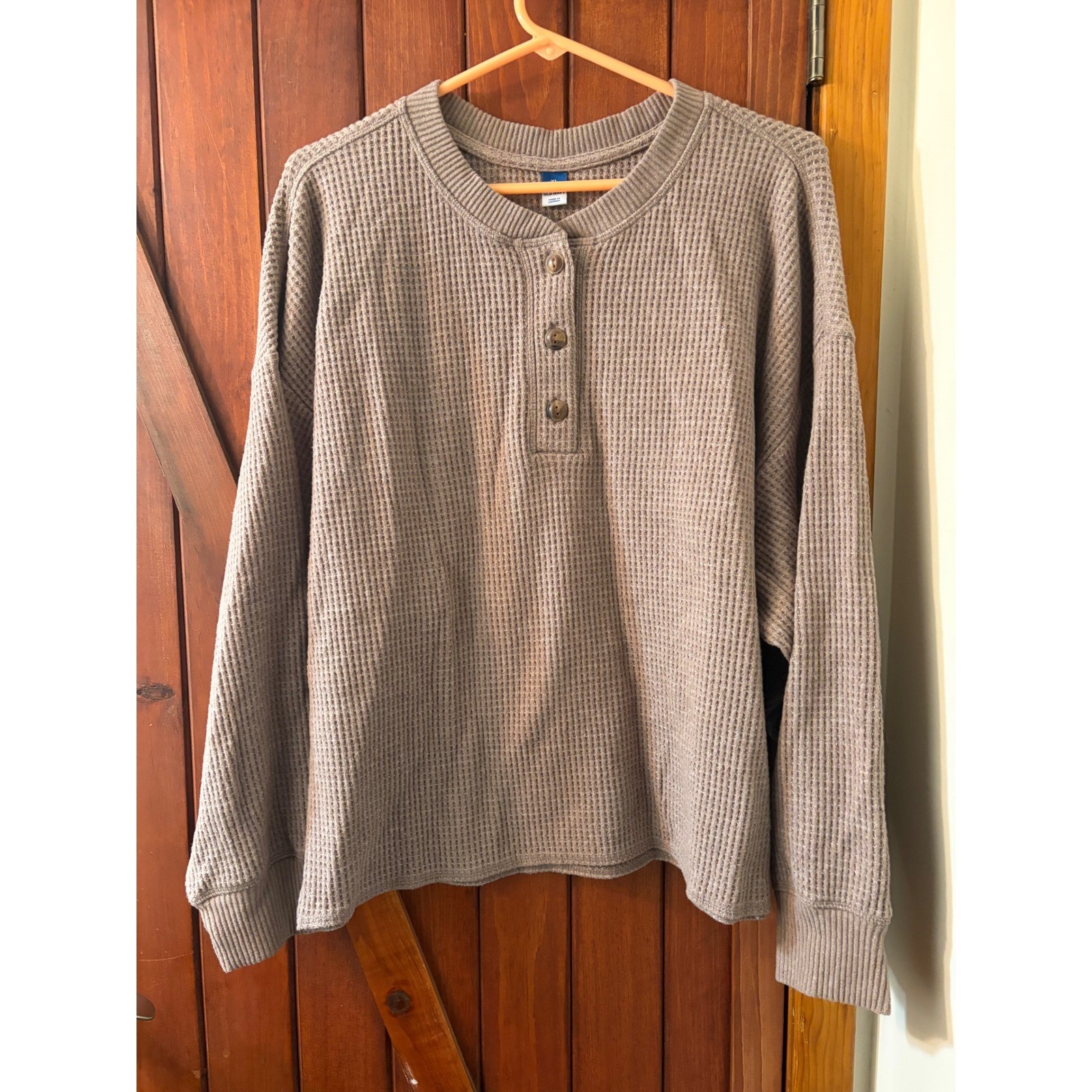 Old Navy Womens XL Waffle Knit Henley Top Brown Long Sleeve Thermal Sweater
