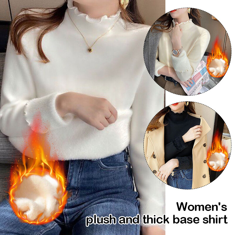 Thickened Sweater Solid Plush High Neck Warm Slim Fleece Tops Winter Womens