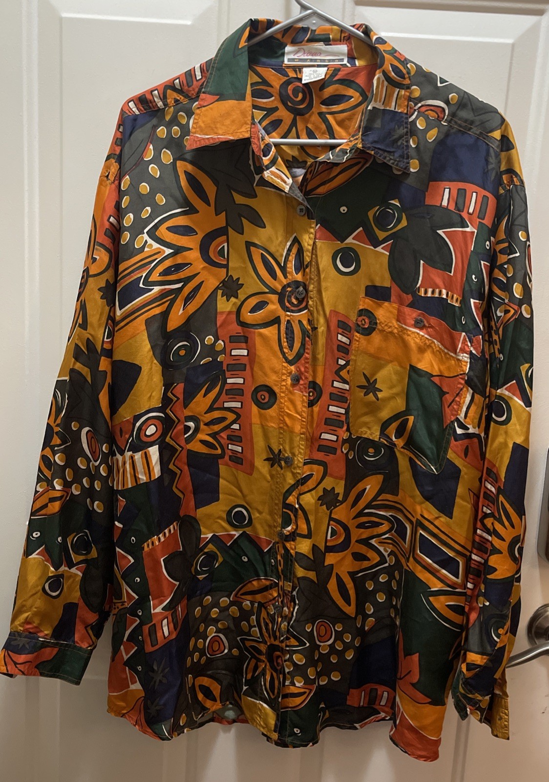 Vintage Diana Marco Silk Blouse Abstract Print Button Up Colorful Size 18