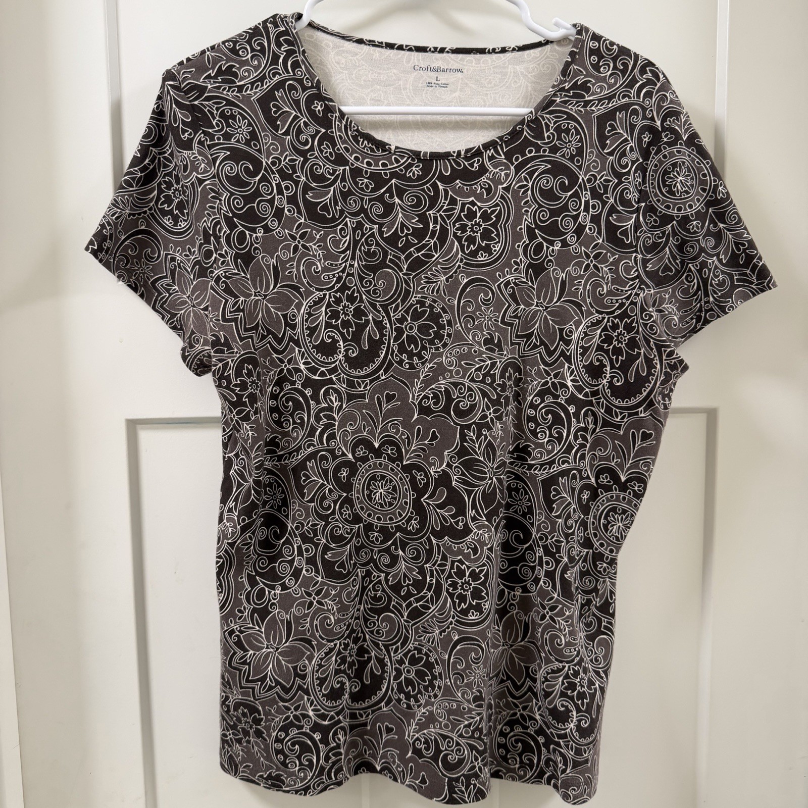 Croft&Barrow Women Brown Paisley Damask Print Short Sleeve 100% Cotton Shirt L