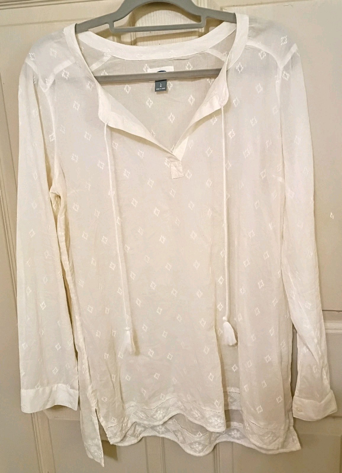 Old Navy Sheer Bohemian Hippie Cover Up Tie Tassel Embroidered Top L