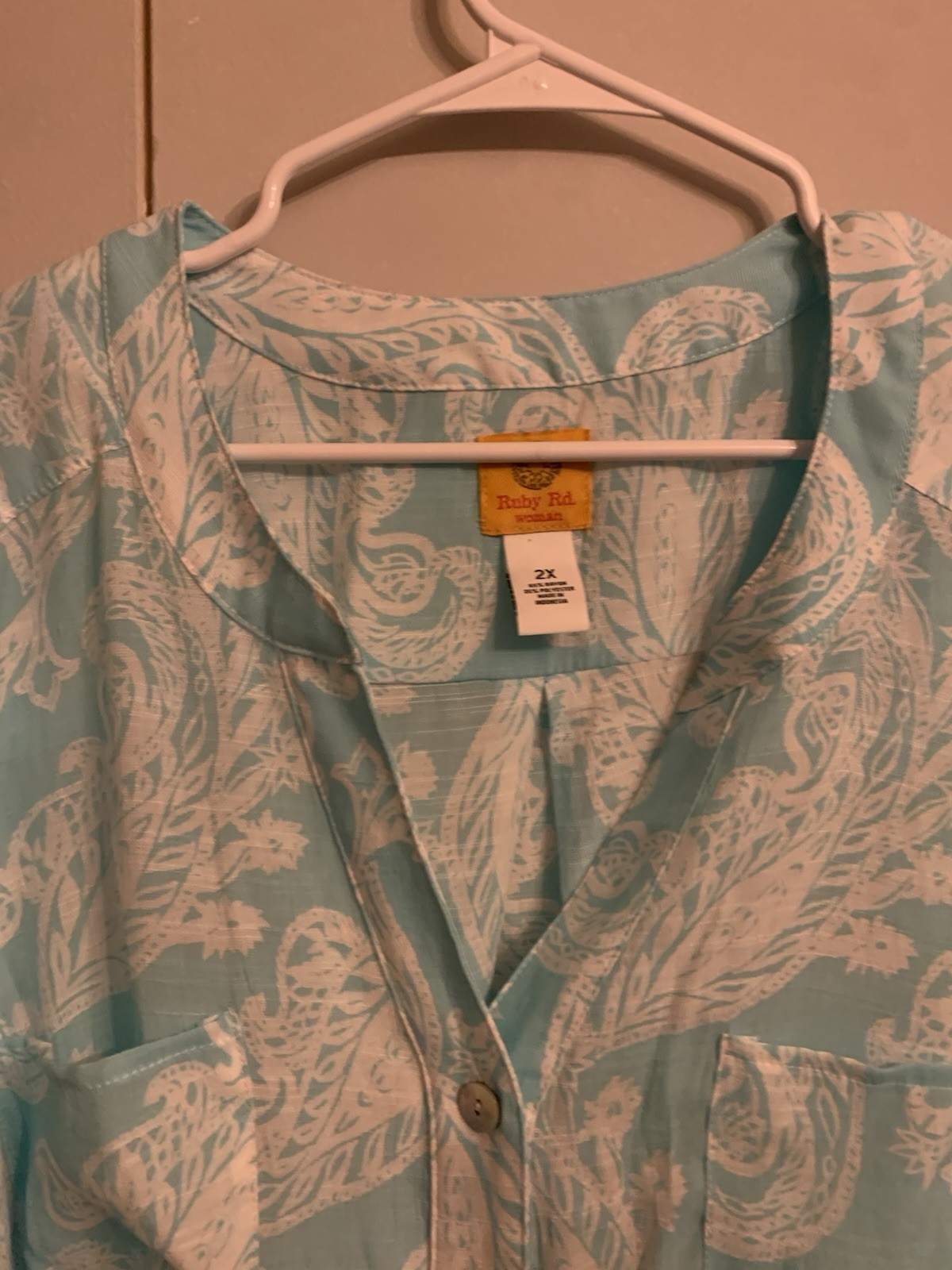 Ruby Rd Button Front Roll Tab Slv, Paisley Aqua White Tunic Beautiful 2x