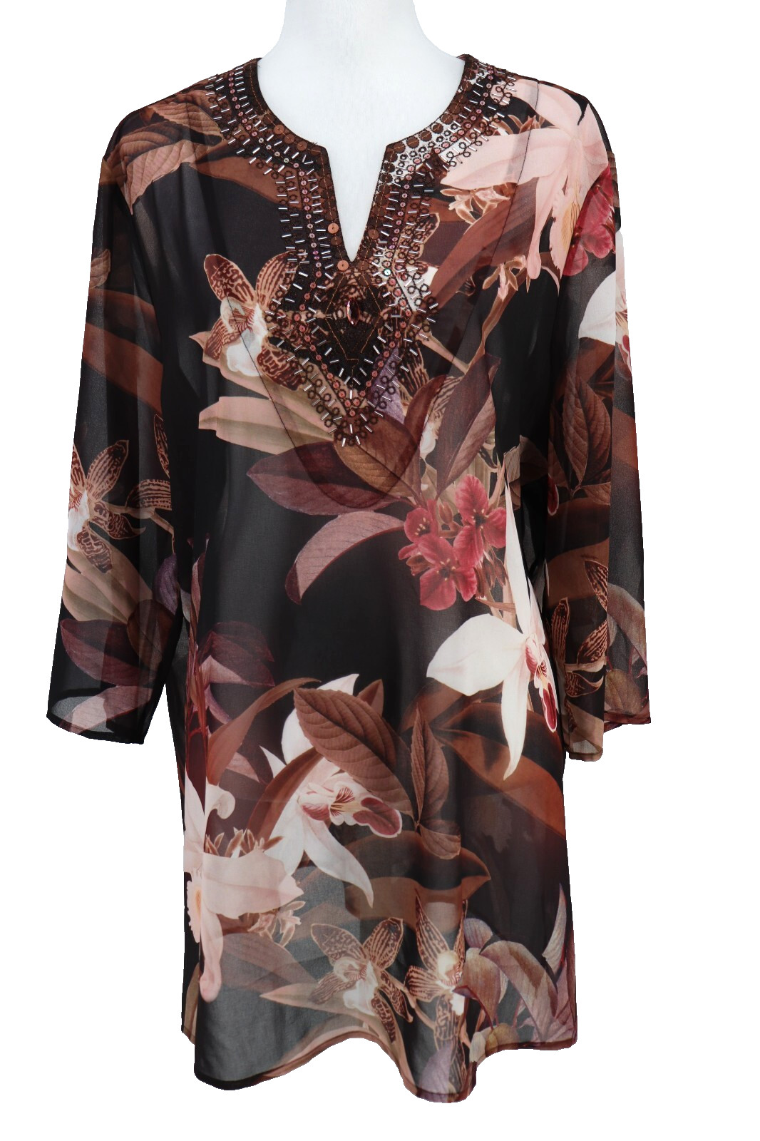 Chicos 3 Sheer Brown Beaded Embellished Tunic Top Womens XL 16 18 3/4 Sleeve New