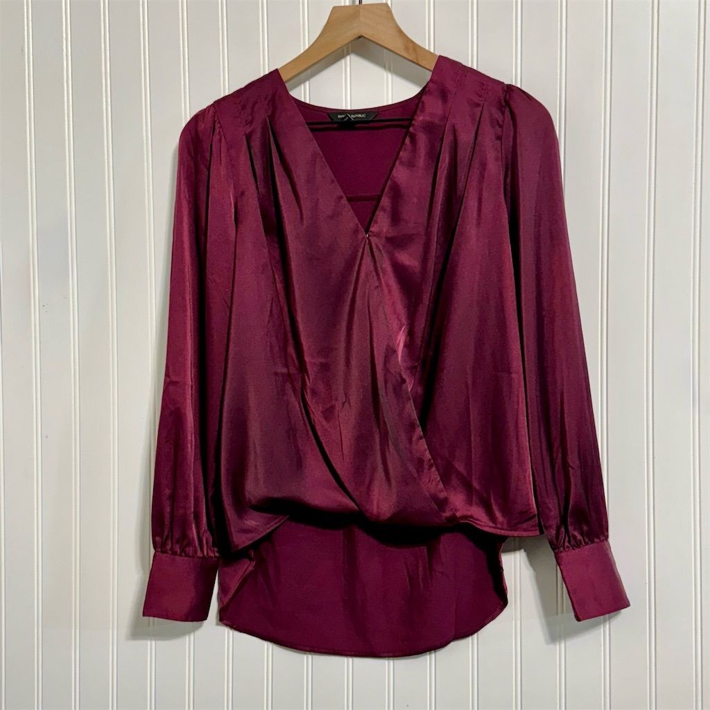 Banana Republic Satin Surplice Blouse Small Burgundy Faux Wrap Holiday Office