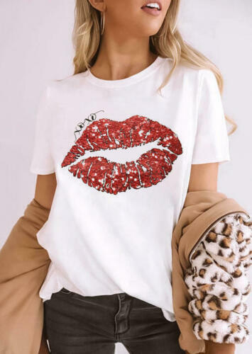 3D Print Red Lips Kiss Xo Xo Love Graphic Casual Short Sleeves Cute T Shirt Tee