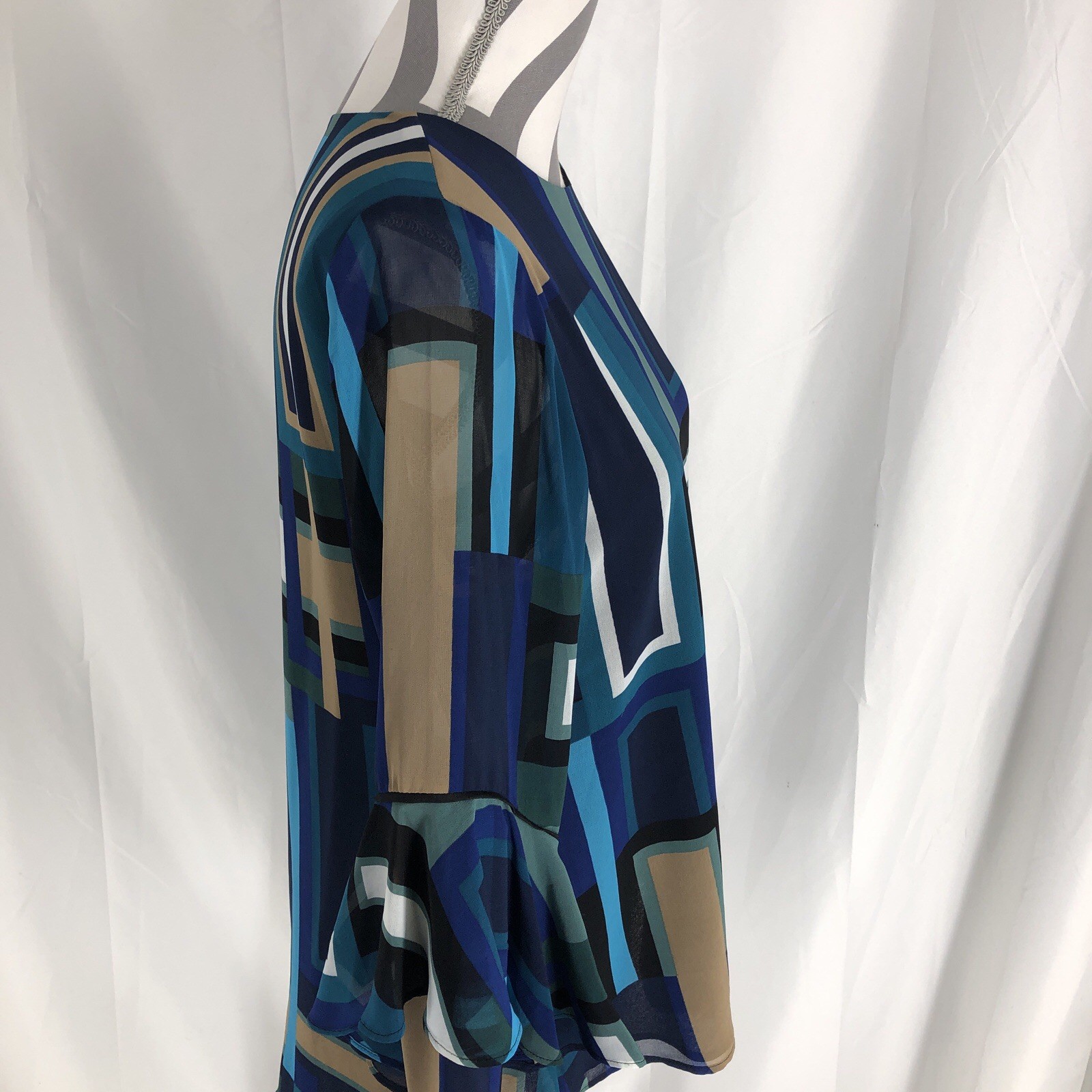 Calvin Klein Blue Tan Black Geometric Bell Sleeve Blouse M NWT