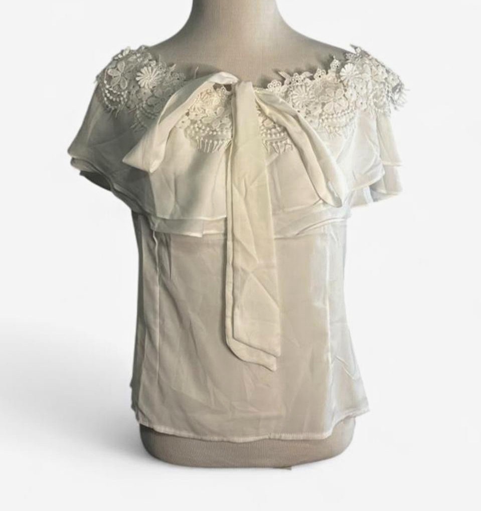 YQF White Off-Shoulder Sheer Lace Flutter Sleeve Bow Ruffle Blouse, Women’s L