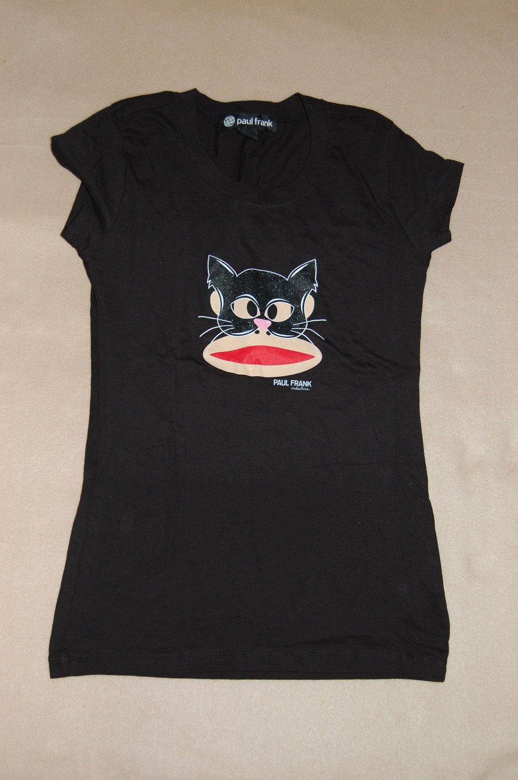 JR Womens Tee Shirt BLACK CAT Glitter CAP SLEEVE Paul Frank M 7-9