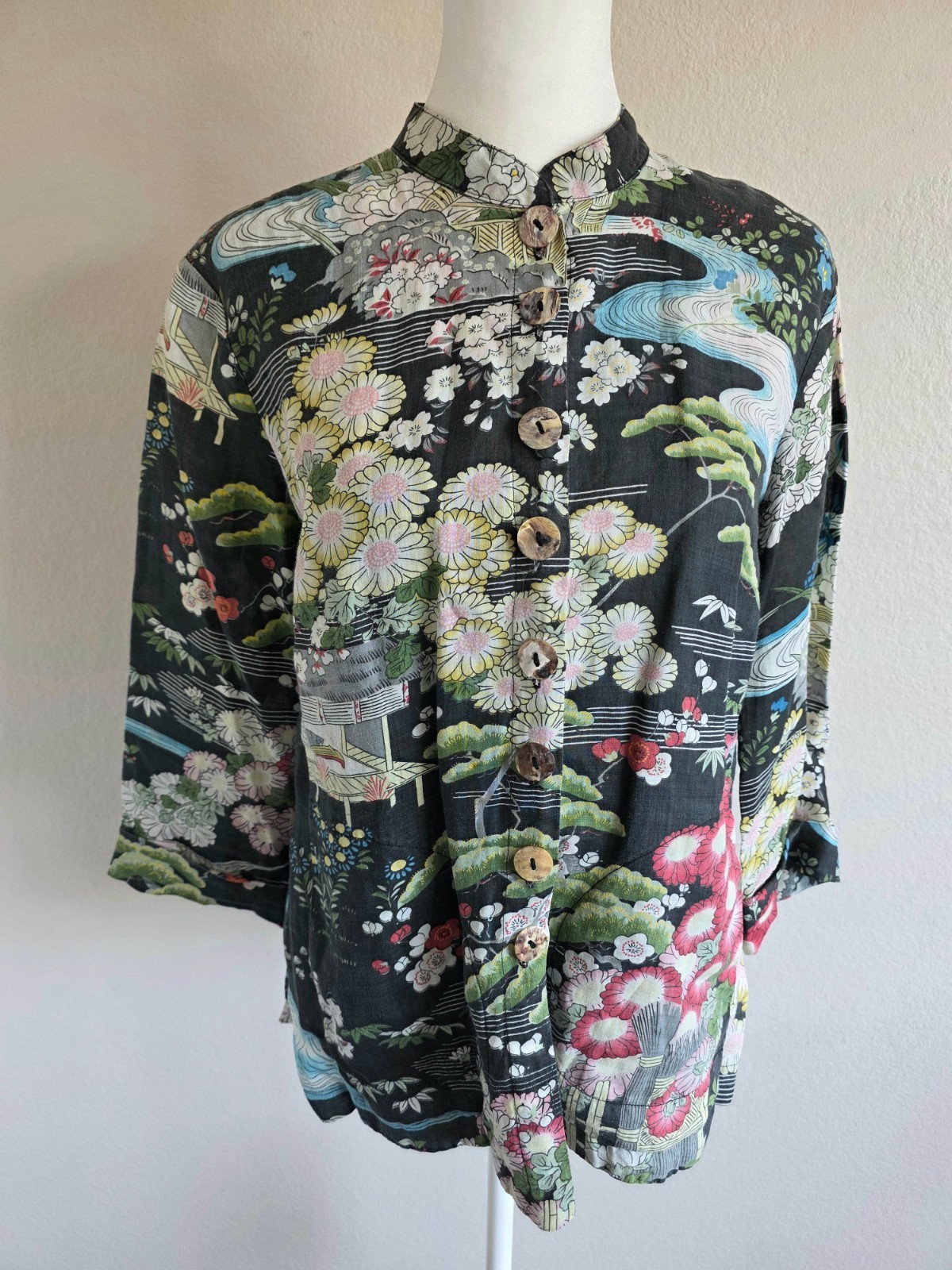 Vintage Citron Santa Monica Blouse Top Ramie Asian Style Lightweight Size XS
