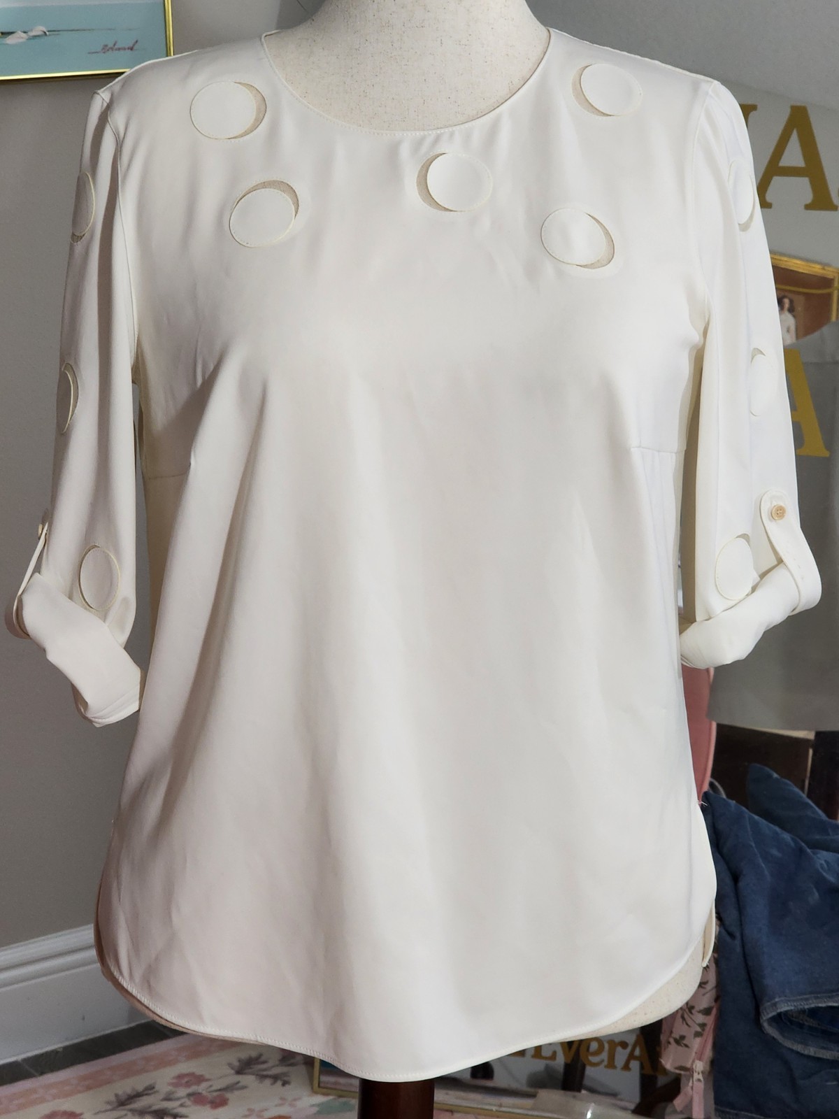 Akris Punto Blouse Sz.US 6 Cream Luna Alice Cutout Tulle Tab Sleeve Polyester