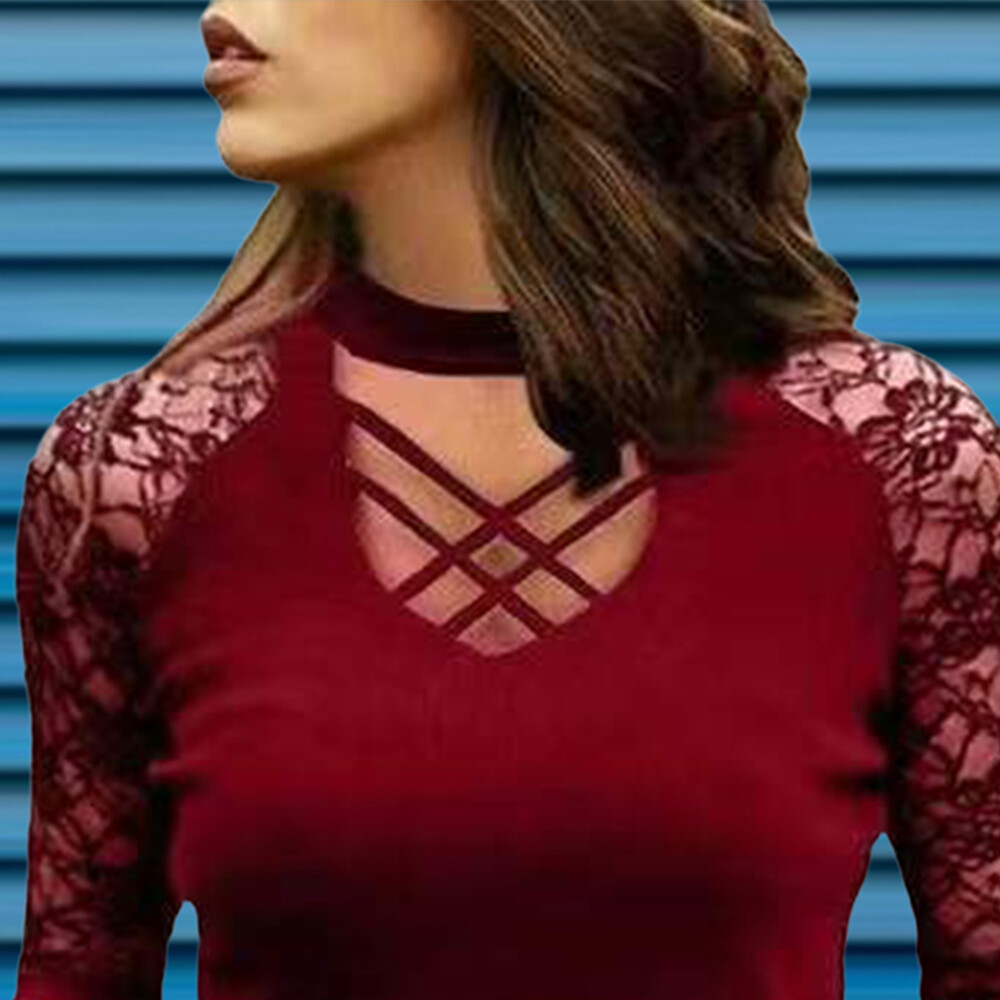 Sexy Womens V Neck T-Shirt Ladies Gothic Casual Lace Long Sleeve Blouse Tops US