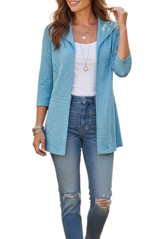 Ming Wang Sz M Womens Blue Textured Geometric Boho Cardigan Sweater Jacket