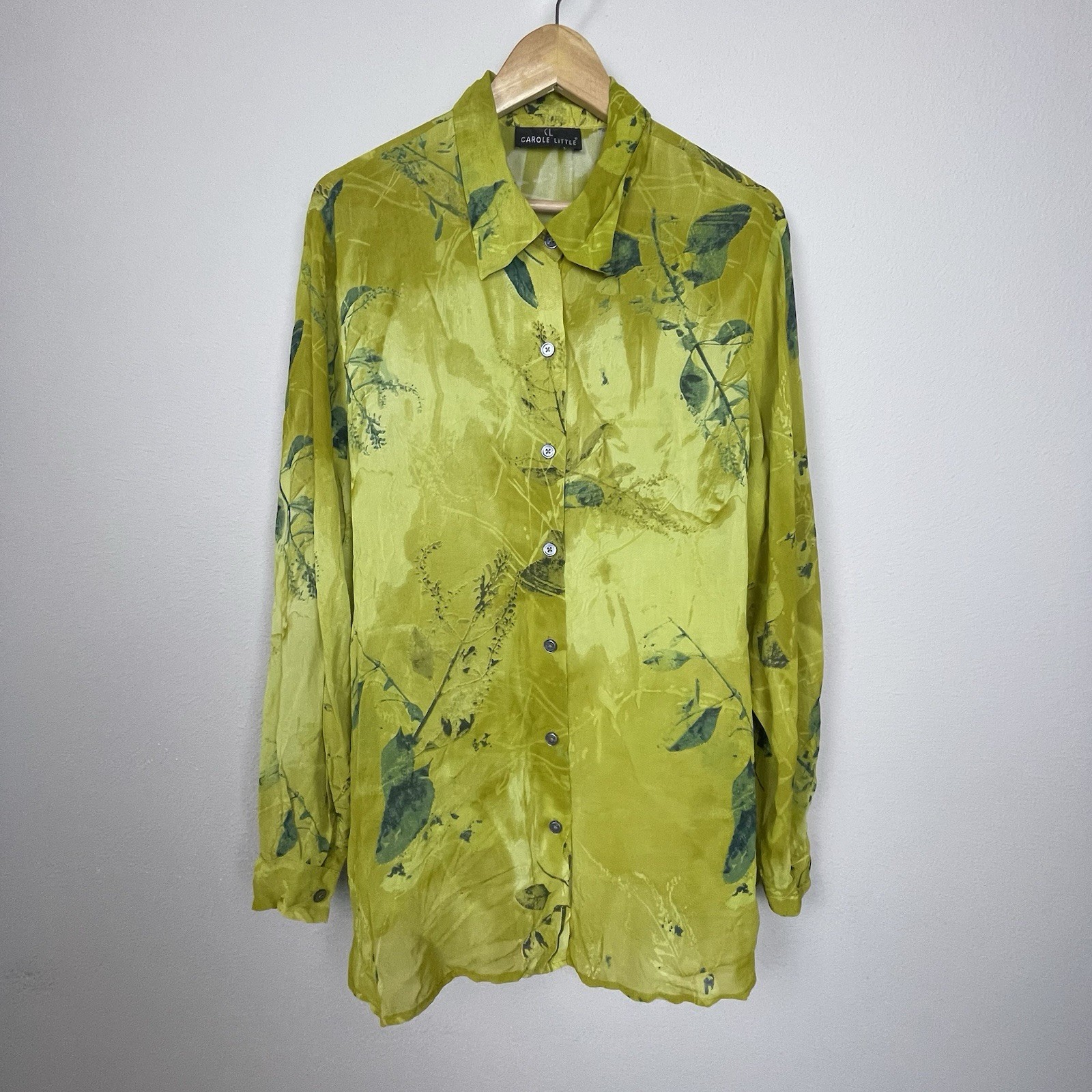 Carole Little Women’s 12 Sheer Floral Button-Up Blouse Chartreuse Green Fairy
