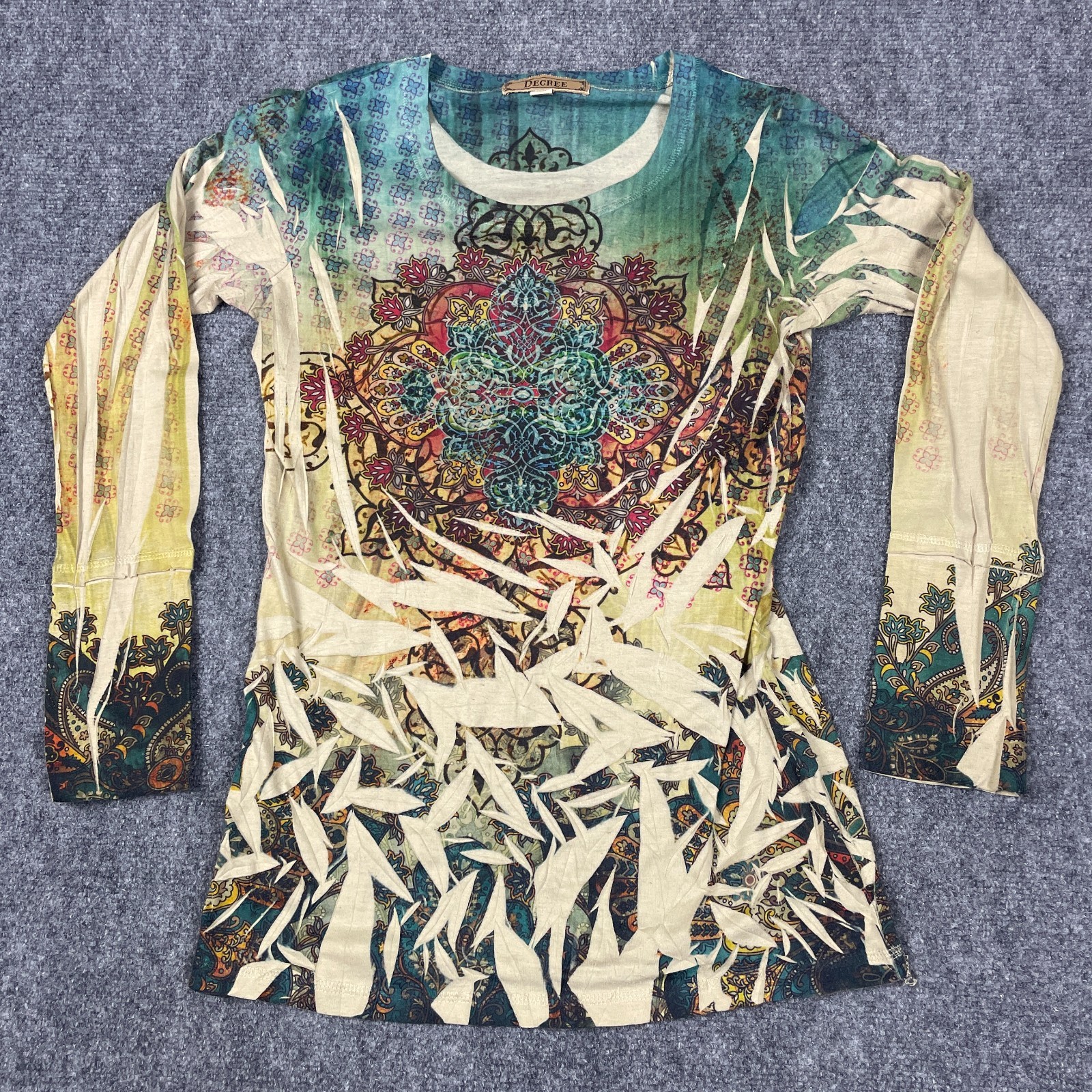 Decree Womens Top Shirt M Boho Y2K Grunge Mandala LS Graphic Print Tattoo