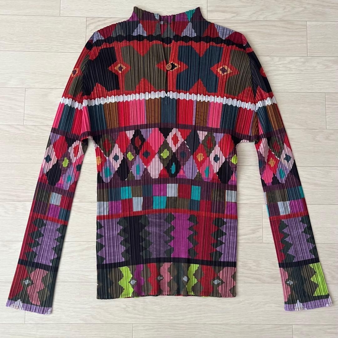 ISSEY MIYAKE PLEATS PLEASE Geometric Print Long Sleeve Top Multicolor Sz 3