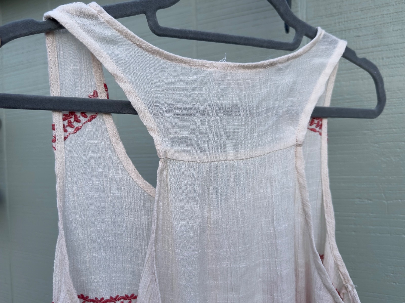 Sheer Gauzy Cream Crochet Top Red Floral Print Embroidery Sleeveless Size Large