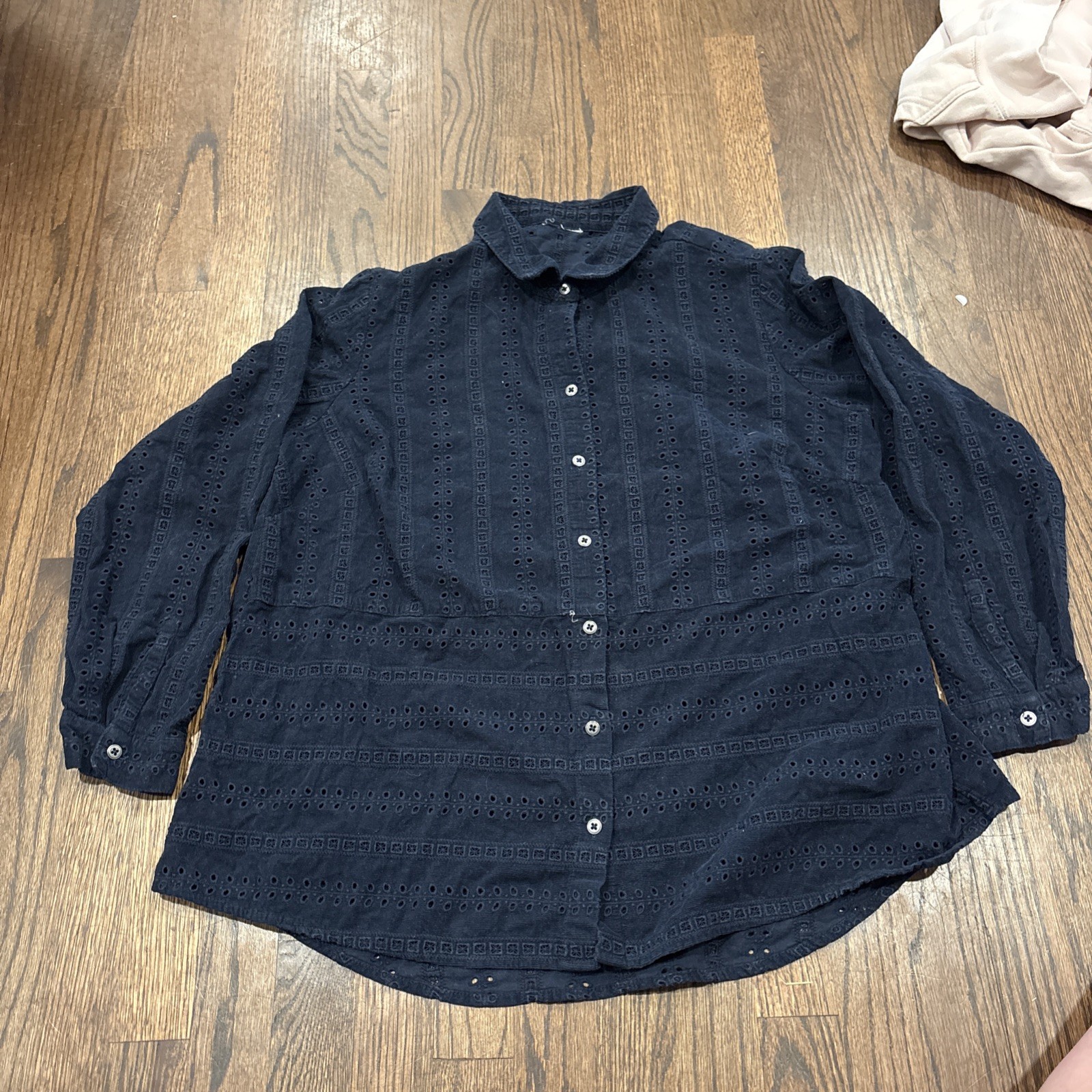 J Jill Corduroy Navy Blue Eyelet Lace Button Up Shirt Large