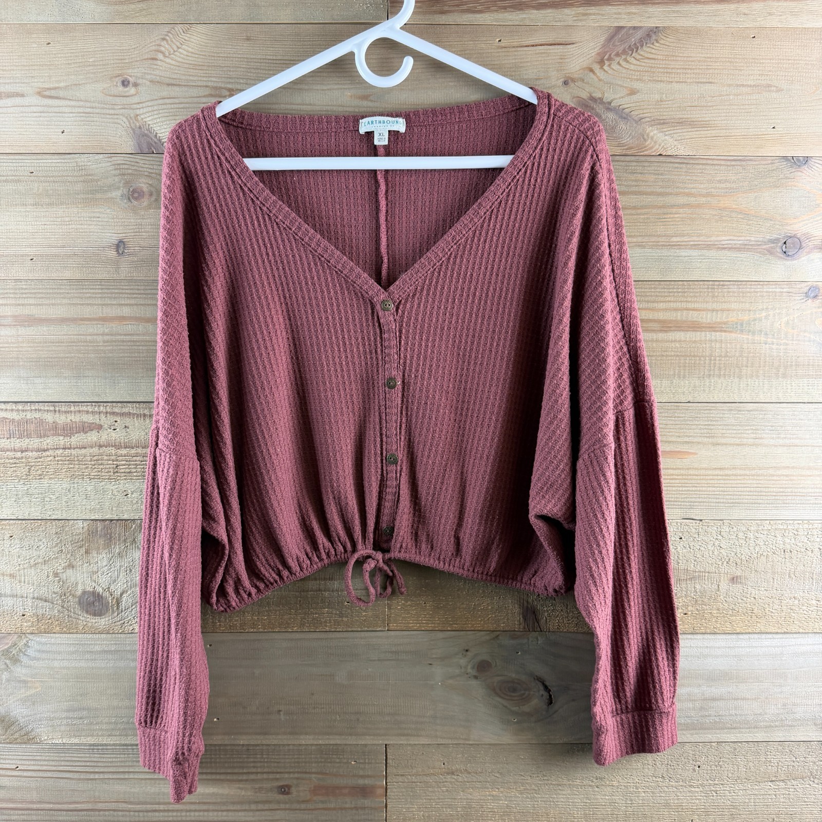 Earthbound Trading Co Womens Shirt Vneck Waffle Knit Tie Front Cropped Size XL