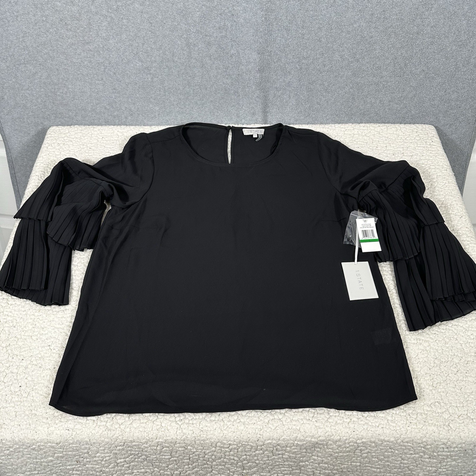 1.STATE Women’s Size Large Black Tiered Pleated Bell Sleeve Blouse New With Tags