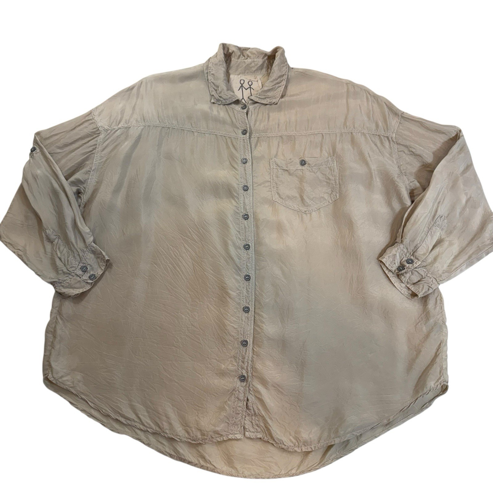 Pete & Greta Cupra Button Down Blouse Sz LG Long Roll Tab Sleeve Johnny Was Boho