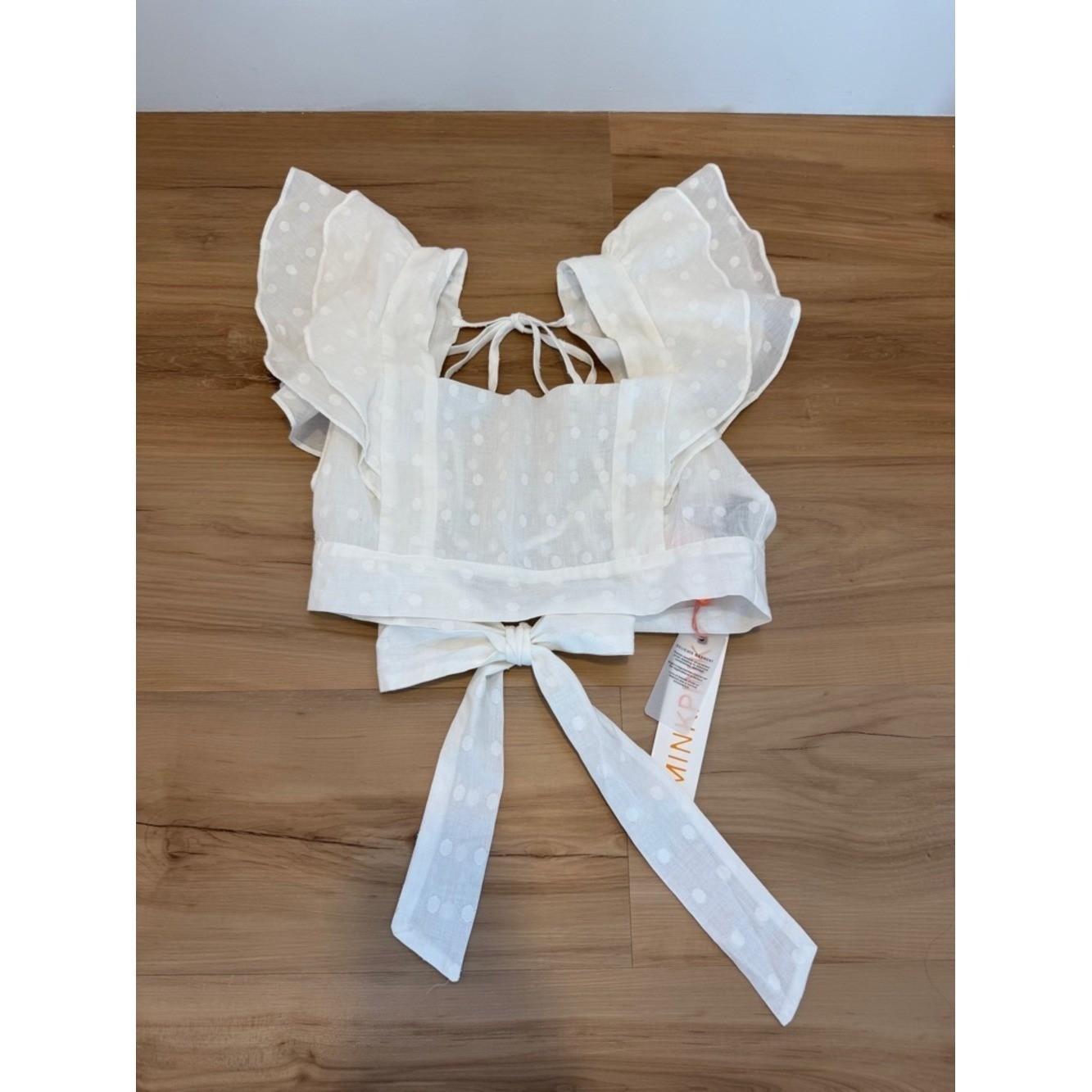 MinkPink White Flutter Sleeve Square NeckPolka Dot Crop Top- S