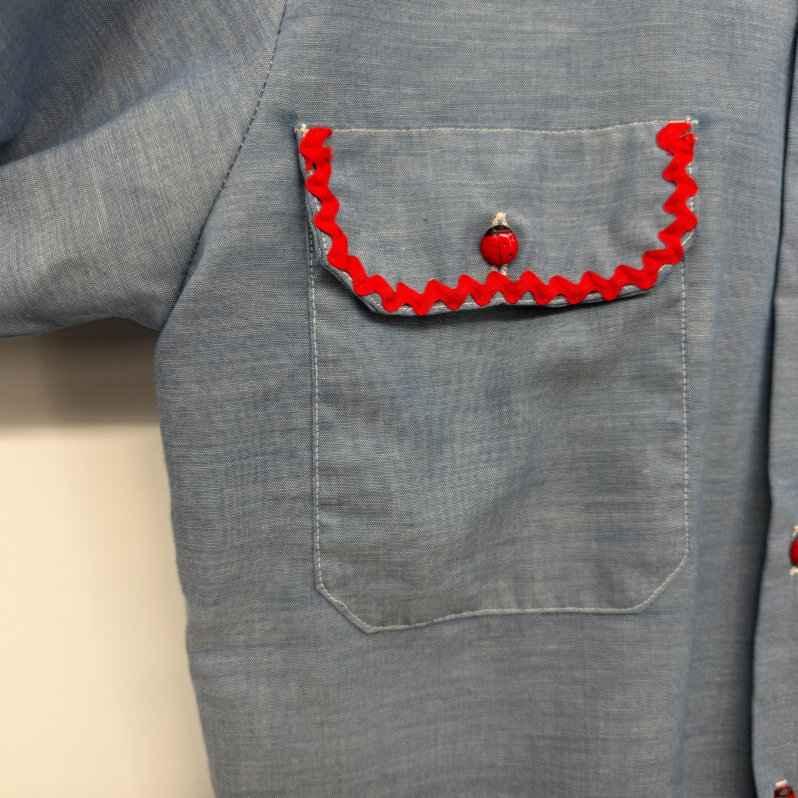 Vintage 70s Hand Embroidered Top Shirt S M Chambray Lady Bug Owl Floral USA