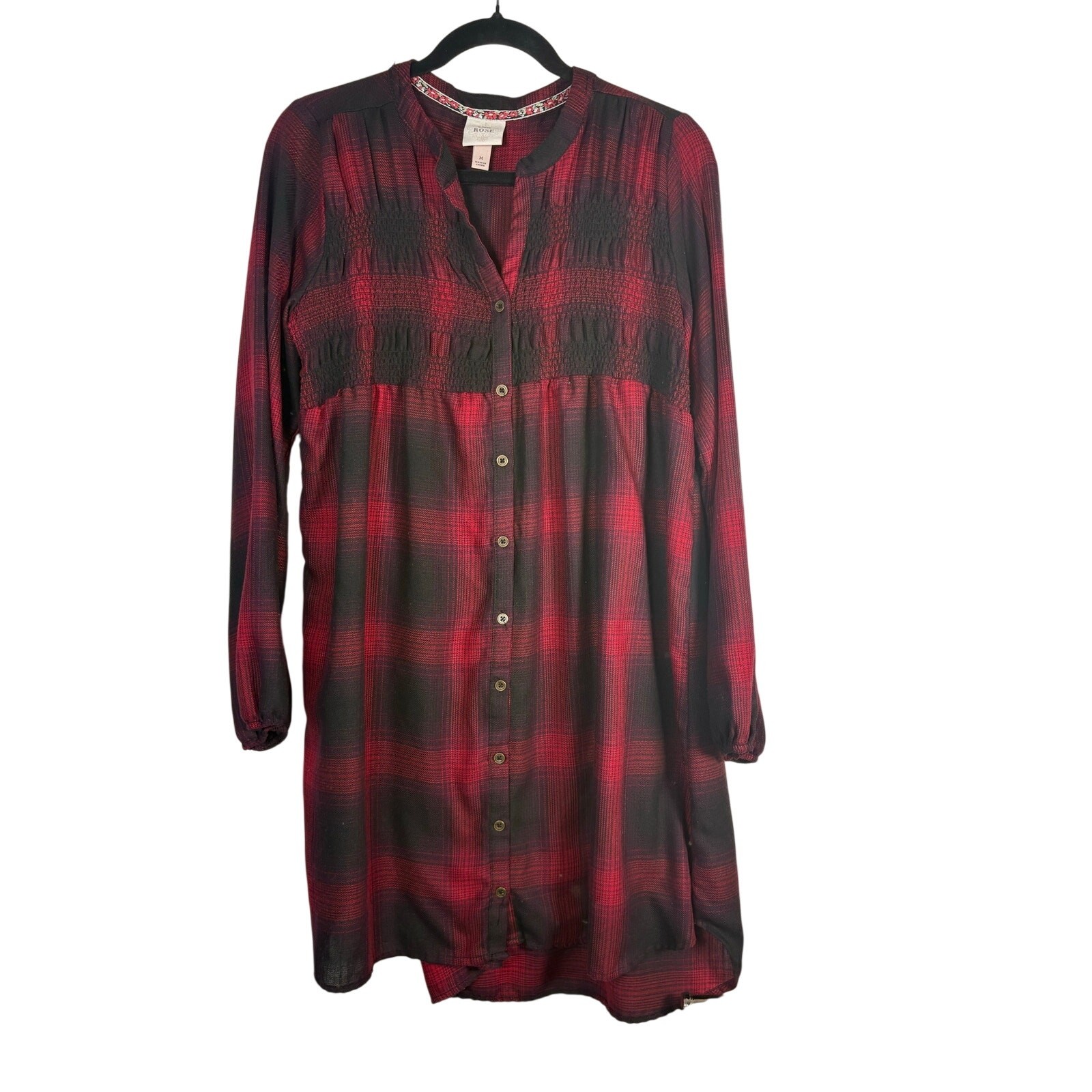 Knox Rose Plaid Smocked Tunic Dress Red Black Buffalo Check Button Front Boho M