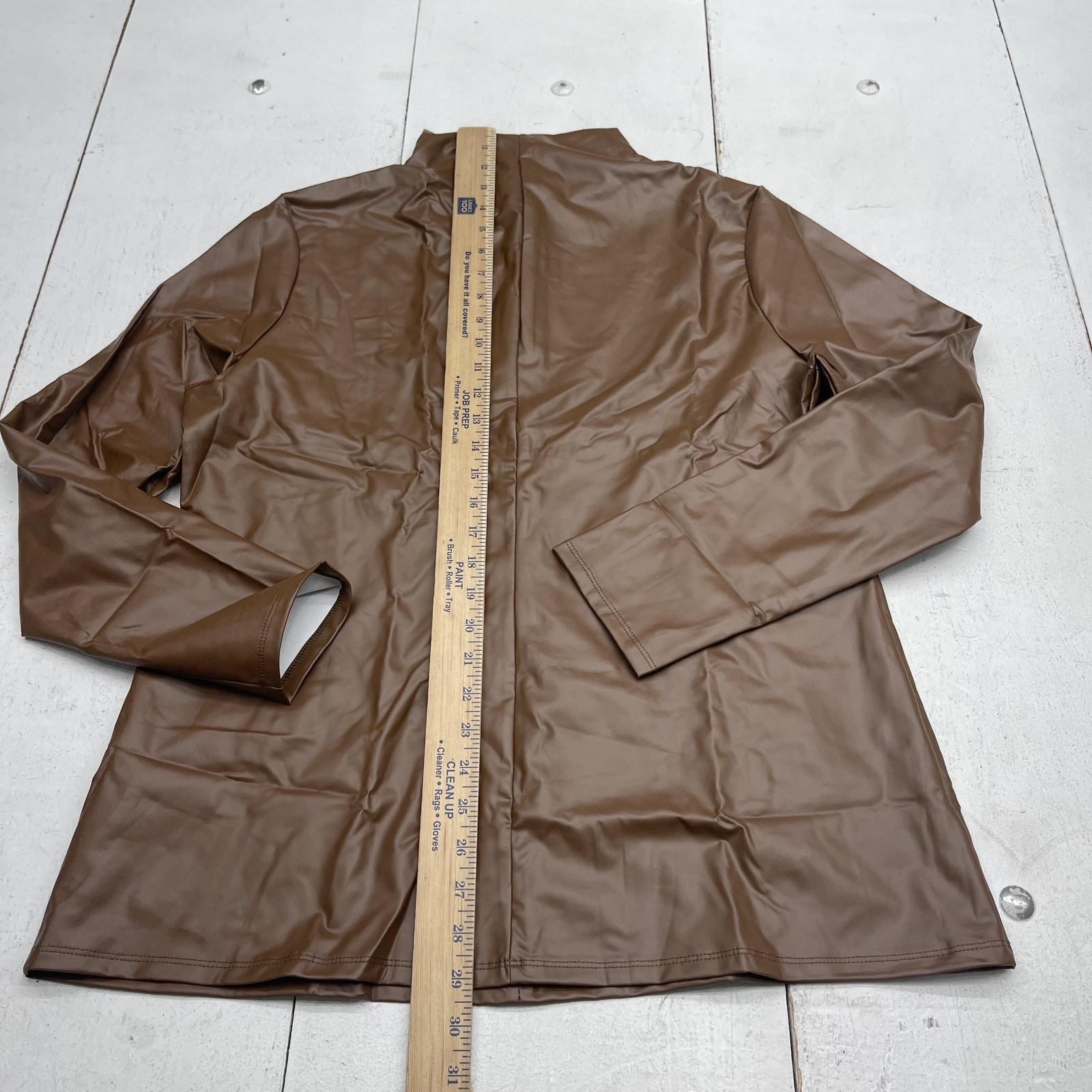 Brown Faux Leather Top Womens 2XL Zip Front Stand Collar Lined Mid Length