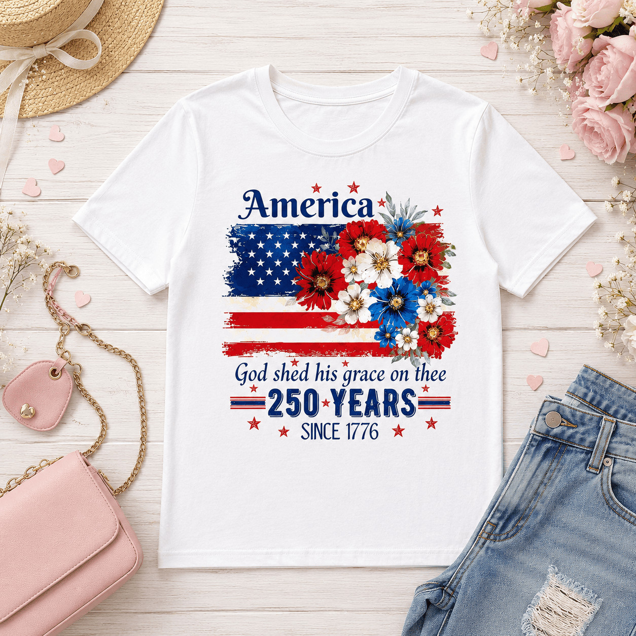 Women’s 250th Anniversary American Flag Floral Patriotic Graphic T-Shirt