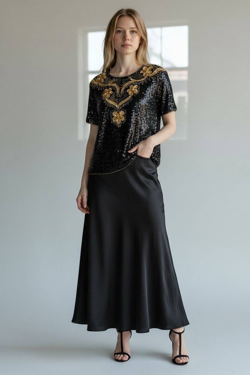 Vintage Joseph Le Bon Black Gold Sequin Short Sleeve Party Top Medium